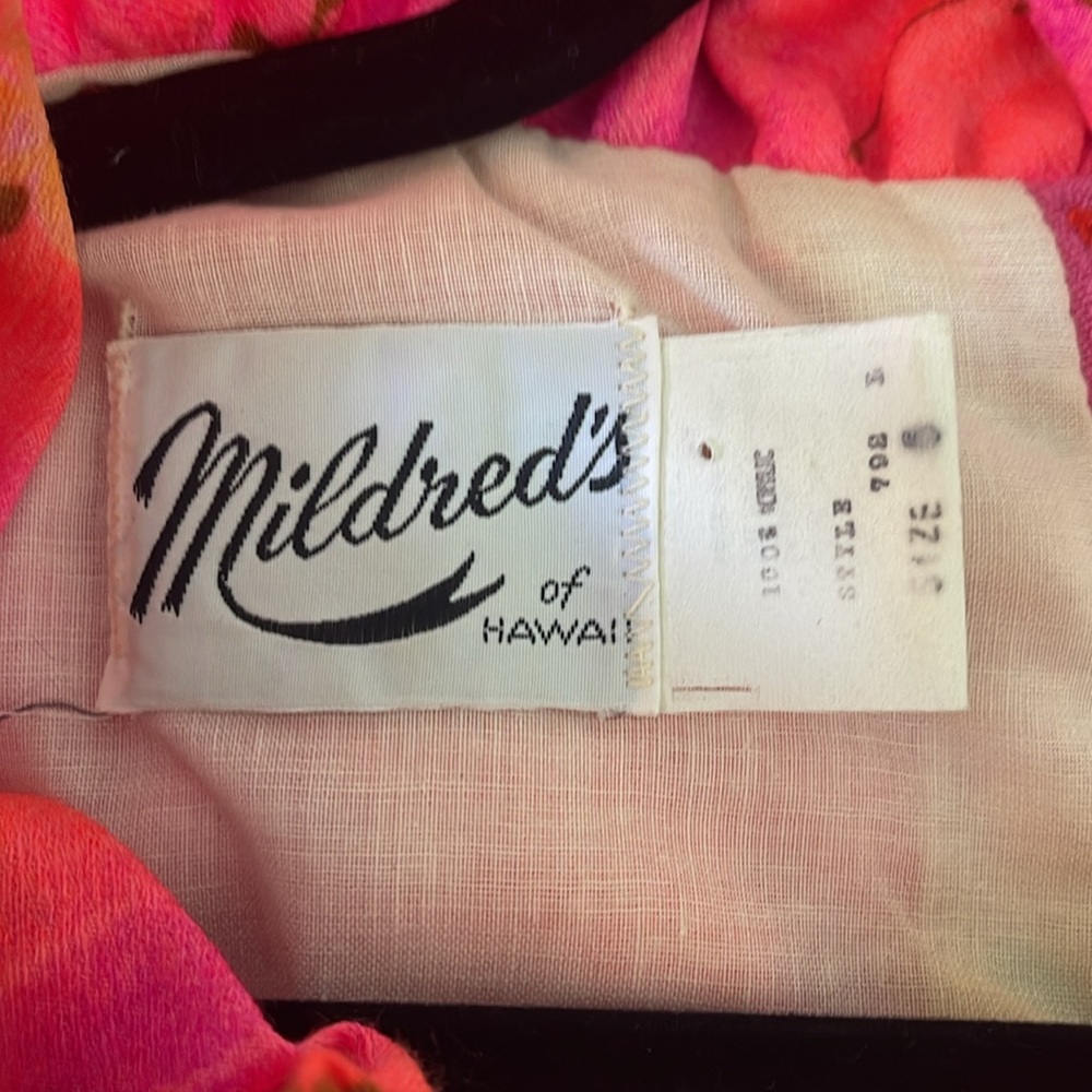 VTG Mildred's Hawaii Dress Barkcloth/Bright Neon Floral Ruffled Bow 60s 70s - Picture 9 of 14